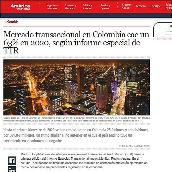 Mercado transaccional en Colombia cae un 63% en 2020, segn informe especial de TTR